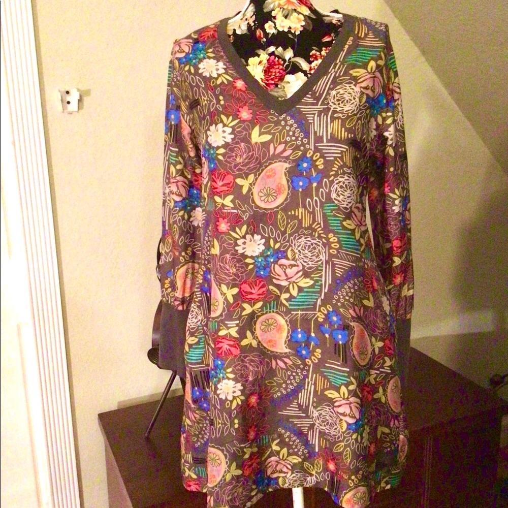 Johnny Was Taupe Multicolor Floral V-Neck Long Sleeve Dress